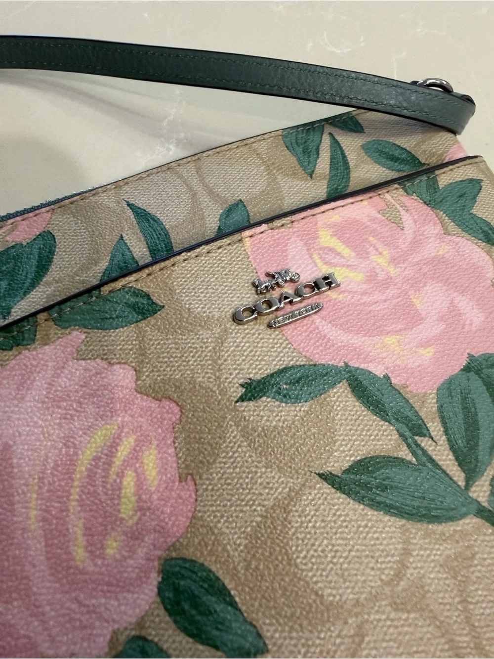 Coach Rose Floral Print Crossbody Bag in Tan and Pink